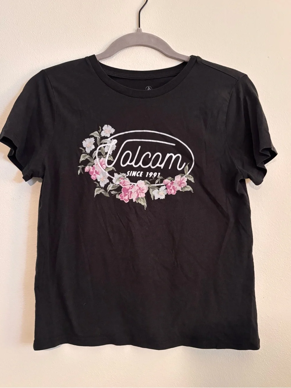 Volcom Black Tee with Pink & White Floral Logo